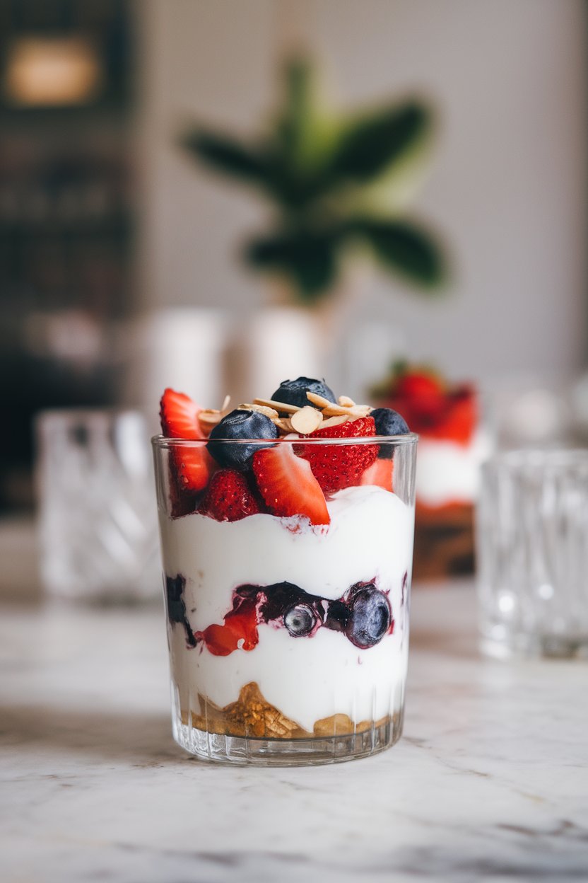 An indoor café-style table showing a clear glass filled with layers of thick Greek yogurt, sliced strawberries, blueberries, and chopped almonds. No text or logos present.