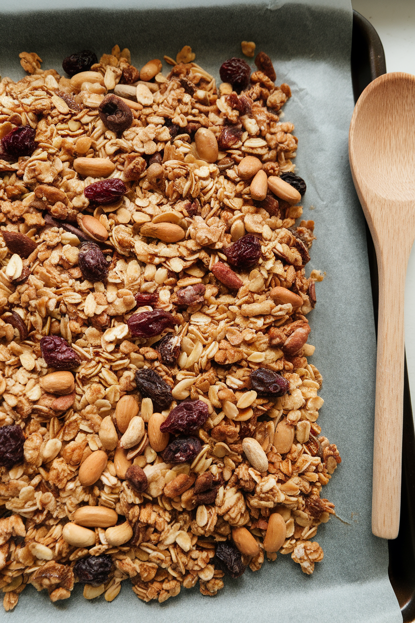 Indoor oven tray of homemade granola cooling on parchment, wooden spoon beside—photo.