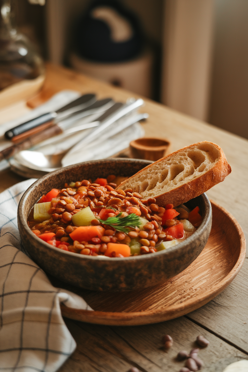 Indoor photo of a hearty lentil and vegetable stew served in a rustic bowl on a wooden table; no text or logos.