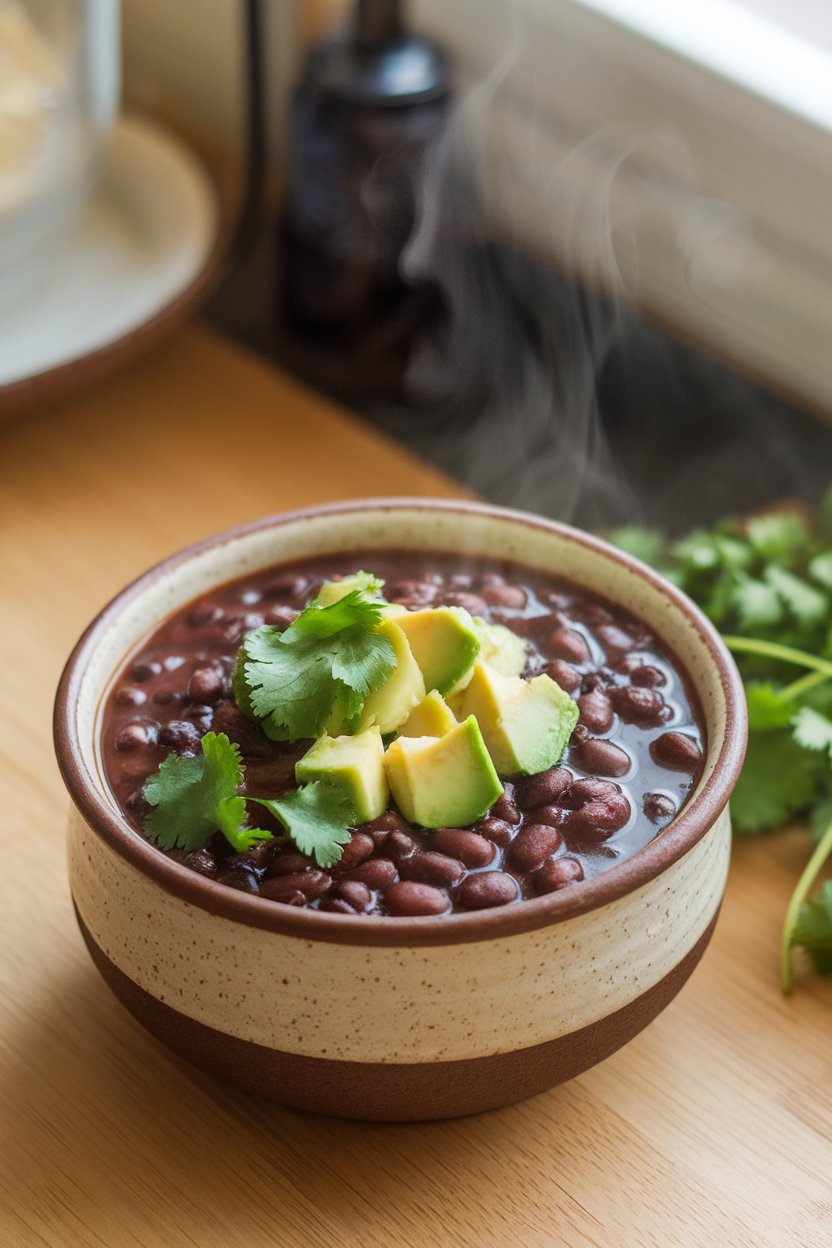 Indoor ceramic bowl of chunky black bean soup topped with diced avocado and cilantro; steam visible, no text or logos.