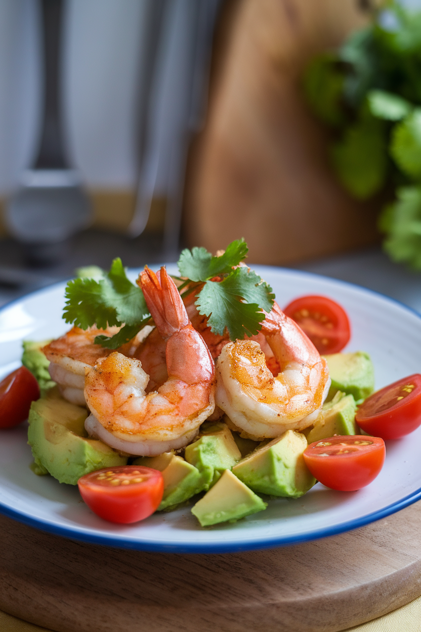 An indoor dinner plate of seared shrimp with chunks of avocado, cherry tomatoes, and cilantro leaves. Photo, no text or logos.