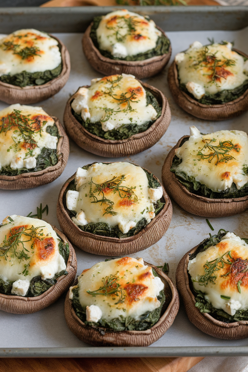 An indoor baking tray showing large cooked portobello caps filled with spinach, feta, and herbs, cheese lightly browned. No logos or text visible.