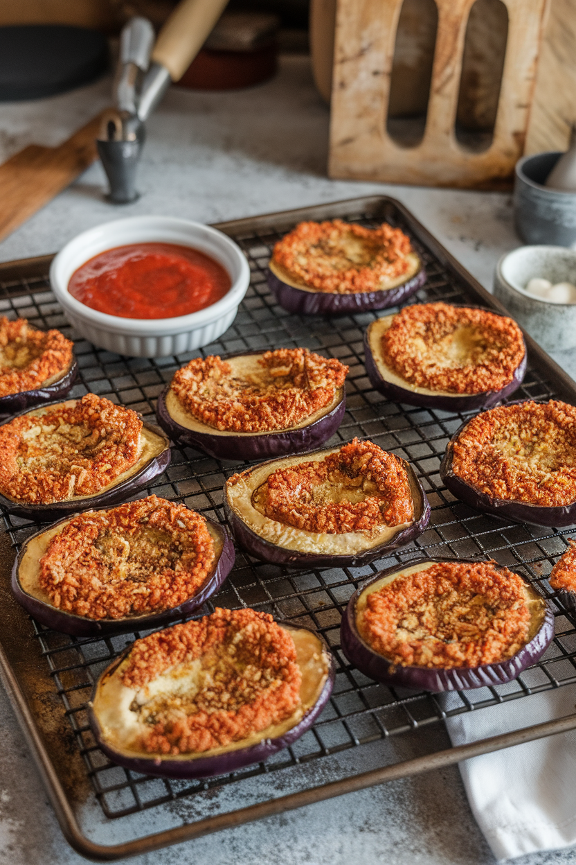 An indoor baking rack holding browned eggplant slices coated in Parmesan and almond-flour crust, small bowl of marinara nearby. No text or logos. Photo, not illustration.
