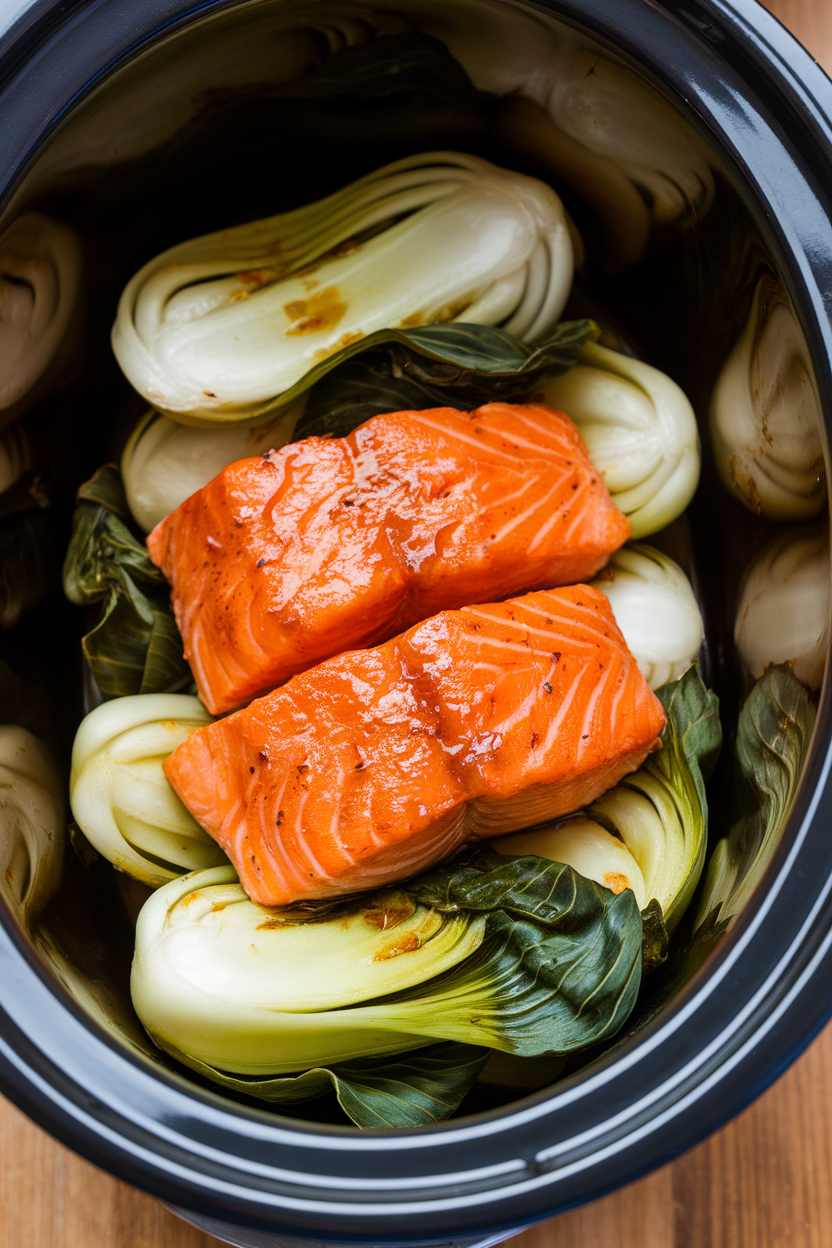 Indoor photo of cooked salmon fillets glazed with honey sesame sauce atop wilted bok choy inside a slow cooker, no raw fish visible, no text or logos.
