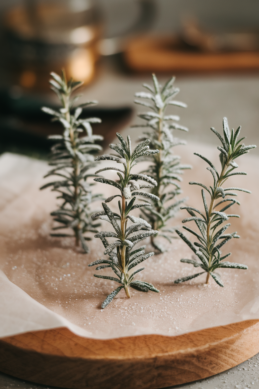 An indoor photo of small sugared rosemary sprigs standing upright on parchment, sparkling under warm light, no text or logos