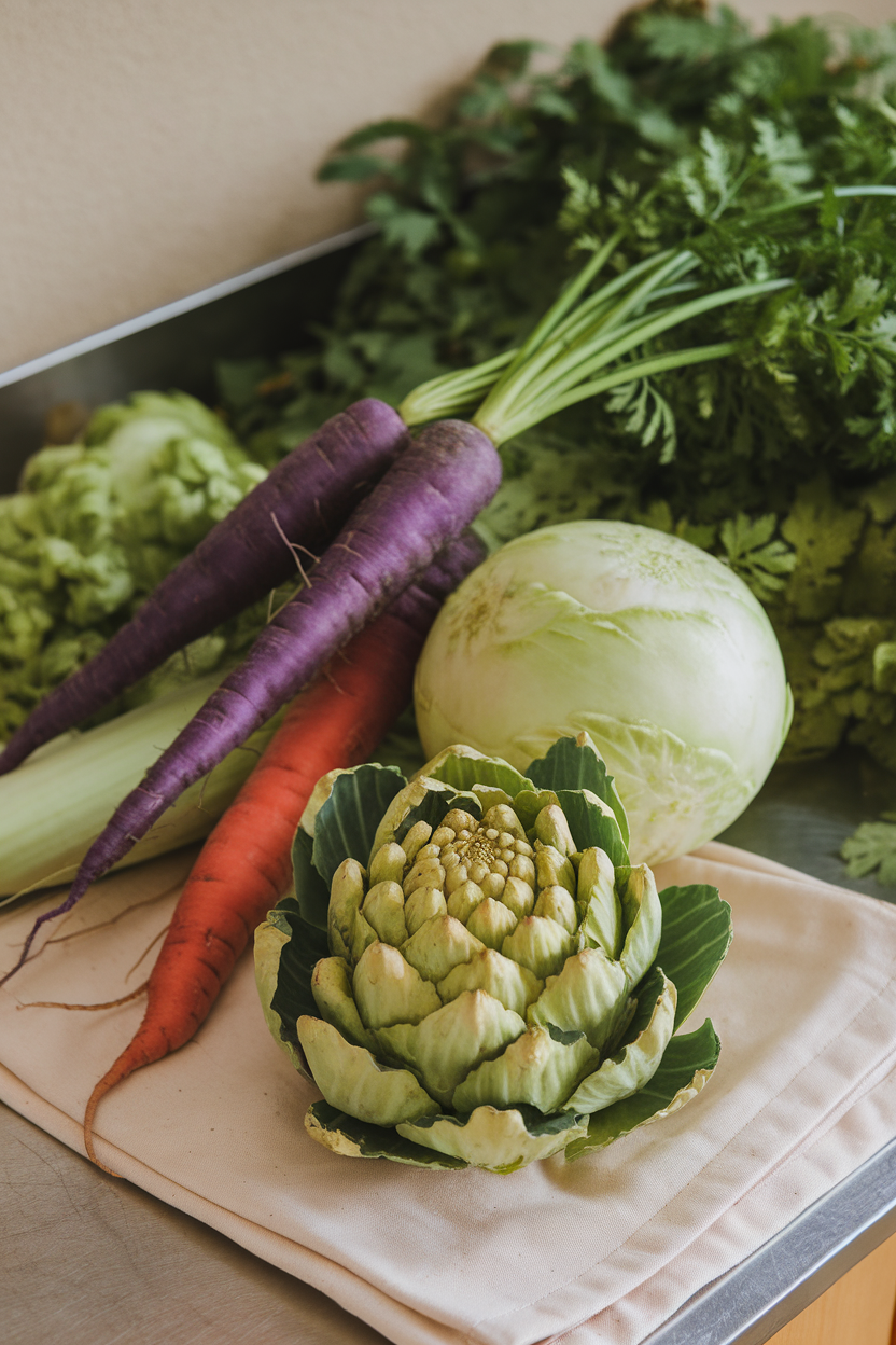 An indoor grocery countertop with unfamiliar produce such as kohlrabi, Romanesco, and purple carrots spread out on a reusable cotton bag. No text or logos. Photo.