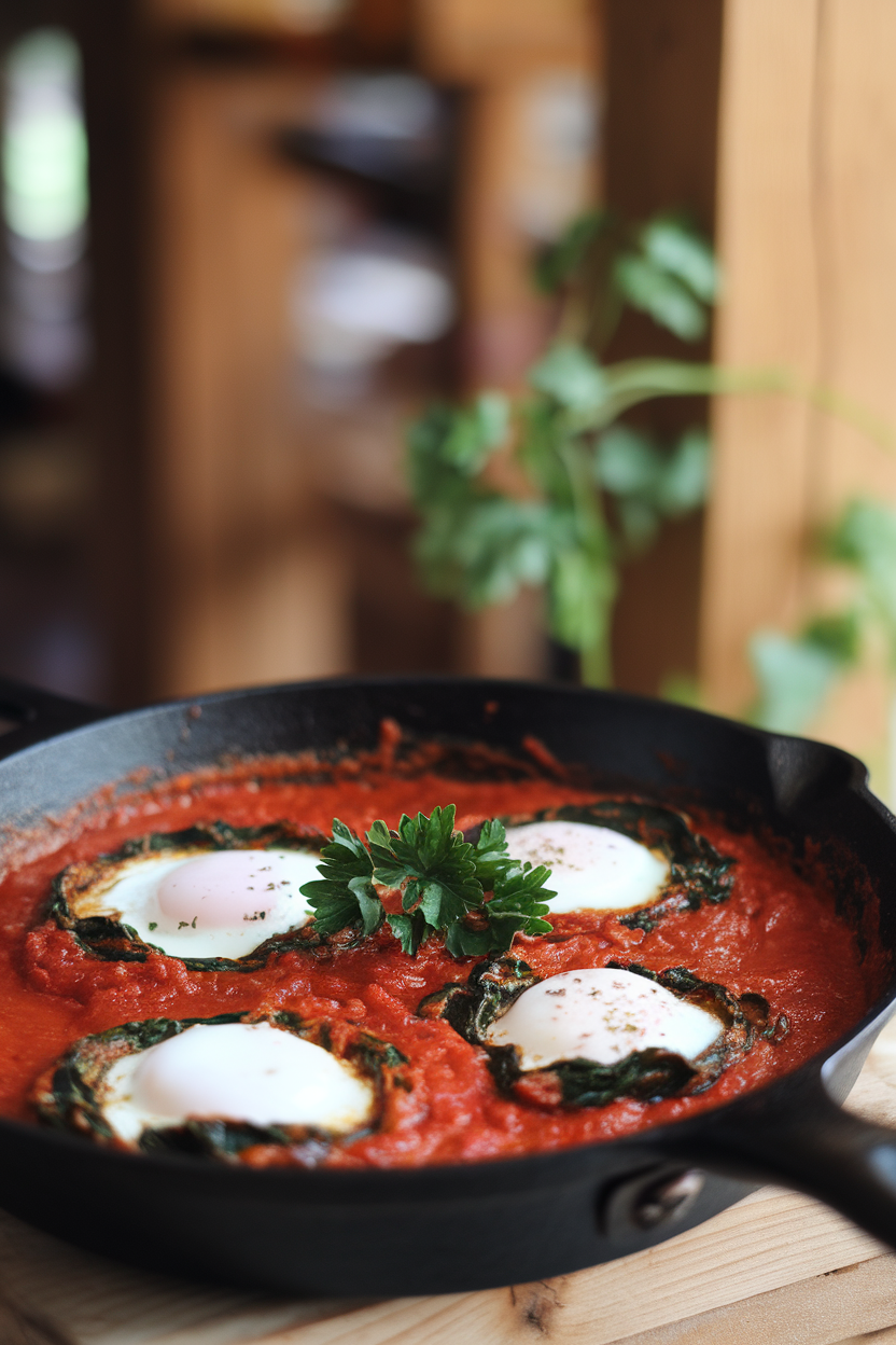 Indoor skillet of rich tomato sauce with pockets of wilted spinach and poached eggs, garnished with parsley. No text or logos.