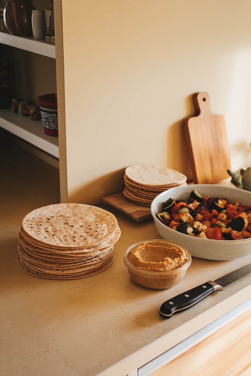 An indoor countertop with stacks of whole-wheat tortillas, a bowl of roasted mixed vegetables, and a small container of hummus ready for assembly. No text or logos anywhere. Photo only.