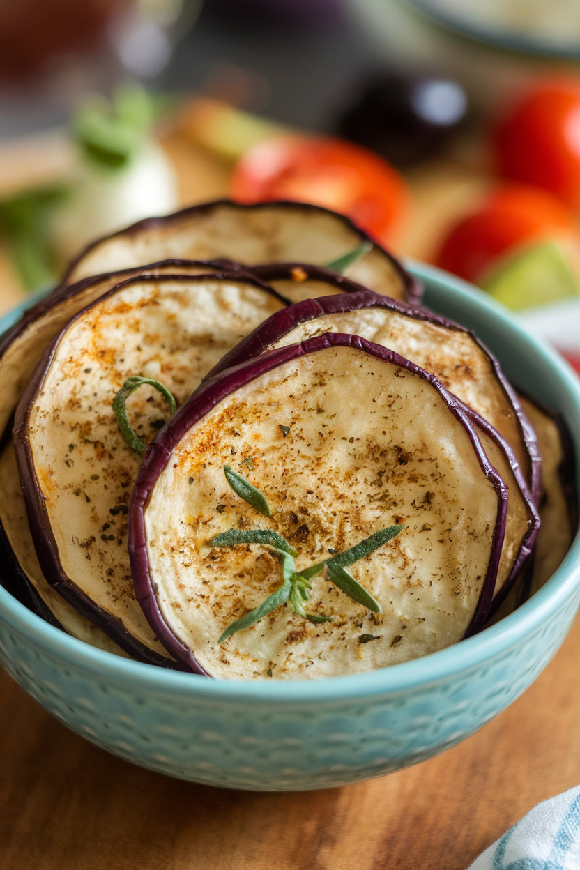 Indoor bowl of paper-thin eggplant rounds baked until crisp, speckled with garlic powder and oregano. No text or logos.