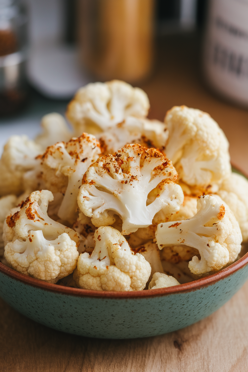 Indoor bowl of bite-sized cauliflower florets roasted with Cajun seasoning, lightly browned edges. No logos present.
