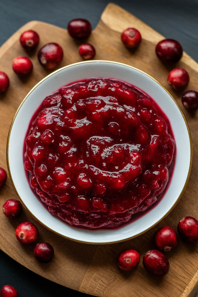 Indoor photo of ruby red cranberry sauce on a saucer, whole berries visible, no text or logos.