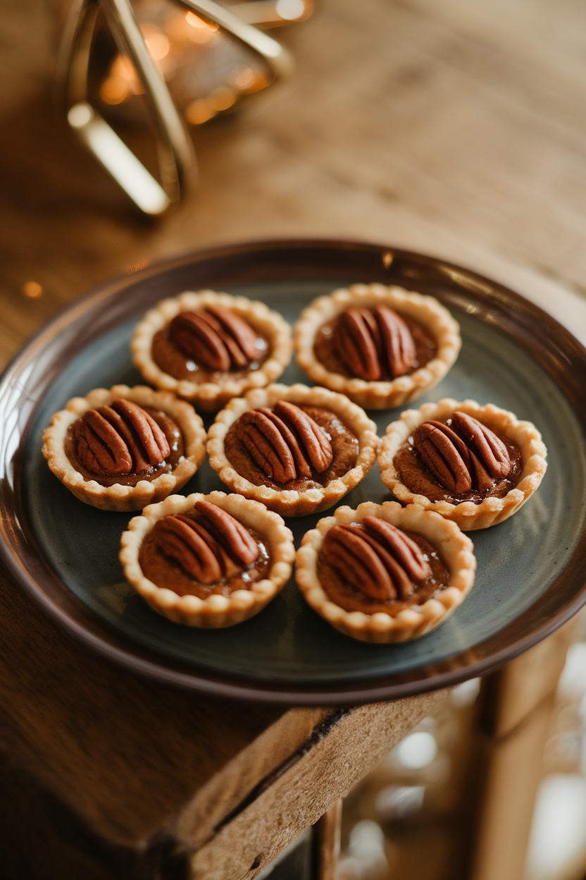 An indoor dessert plate with several two-bite pecan pie tarts, pecan halves glistening under warm overhead lighting. Photo, no text or logos.