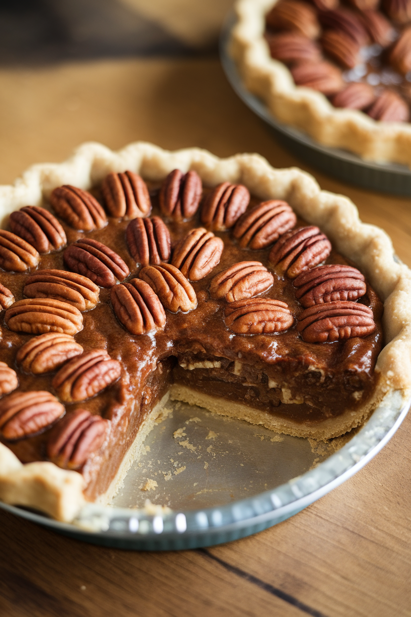 Indoor photo of a glossy pecan pie with whole pecans arranged on top, wedge removed, no text or logos.