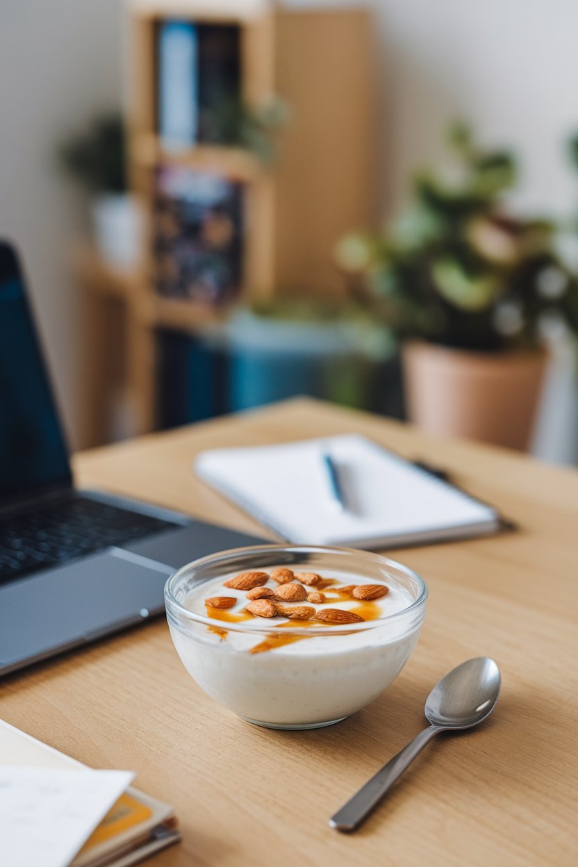 An indoor office desk with a bowl of plain Greek yogurt sprinkled with whole almonds and honey drizzle. Photo, no text or logos.