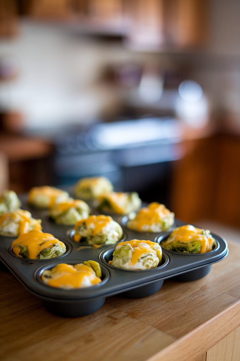 Indoor muffin tin filled with mini egg bites featuring green flecks of Brussels sprouts and melted cheddar, resting on a wooden counter, no logos or text.