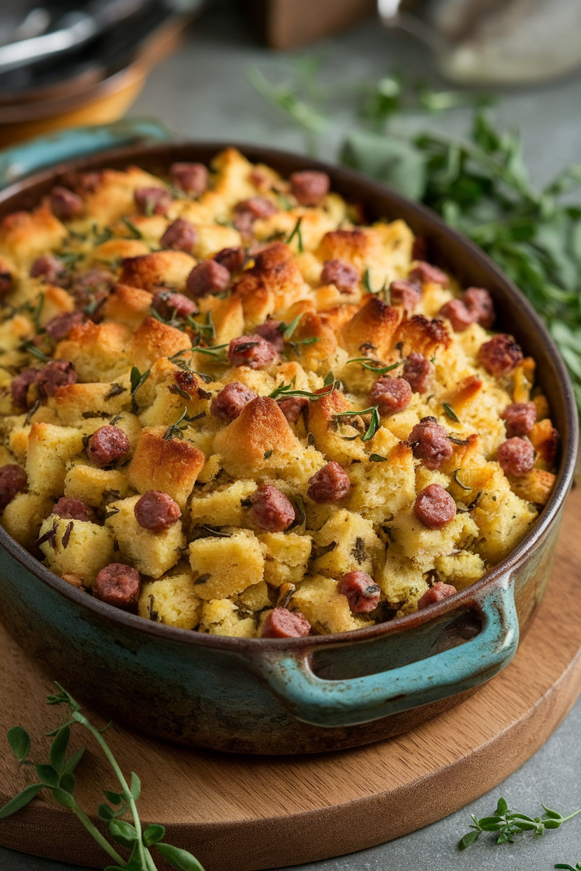 Indoor photo of a rustic baking dish filled with cornbread stuffing dotted with sausage and herbs, golden crust visible, no text or logos.
