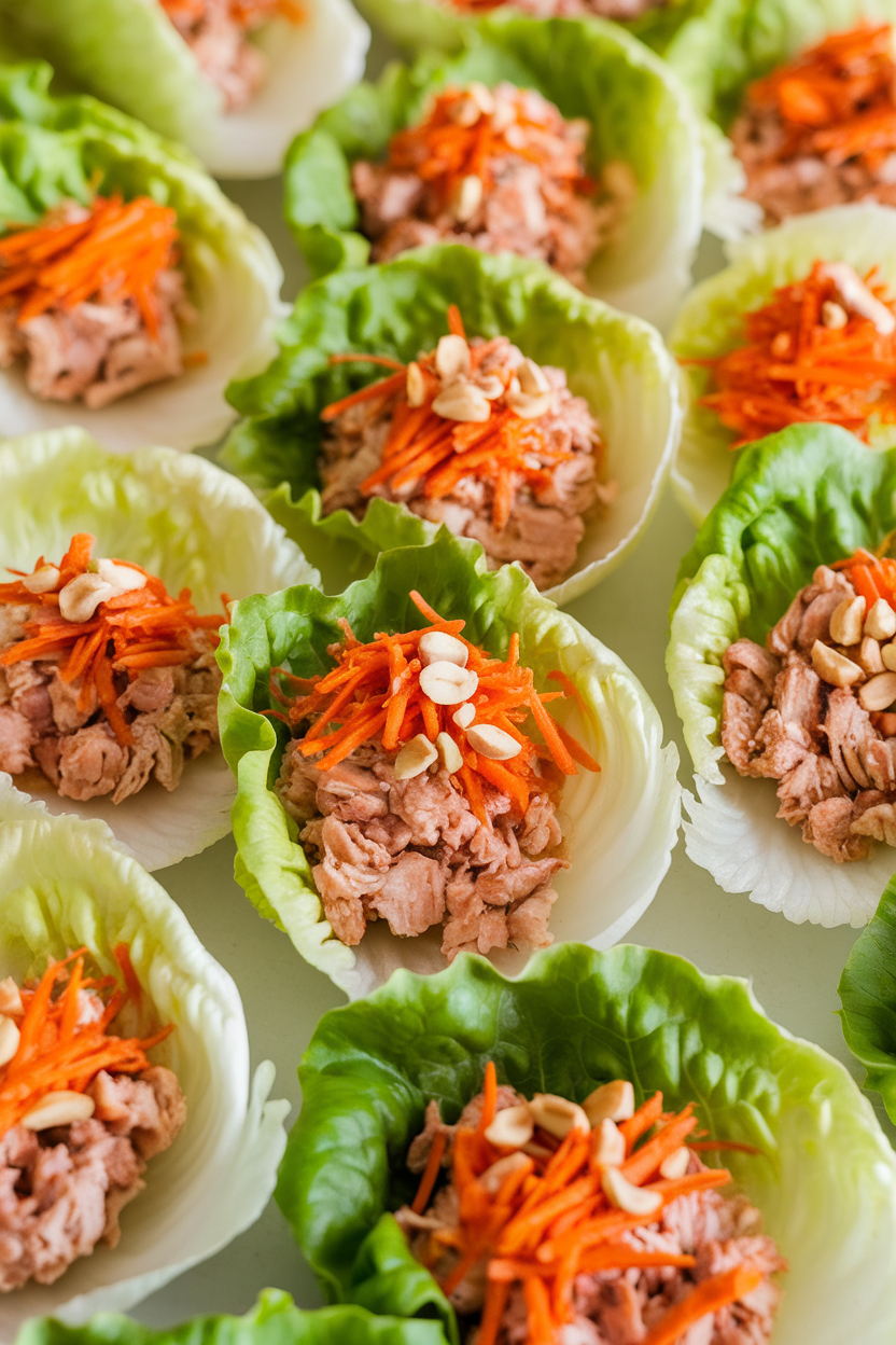 Indoor photo of crisp butter-lettuce leaves each holding minced chicken topped with shredded carrots and peanuts. No text or logos.