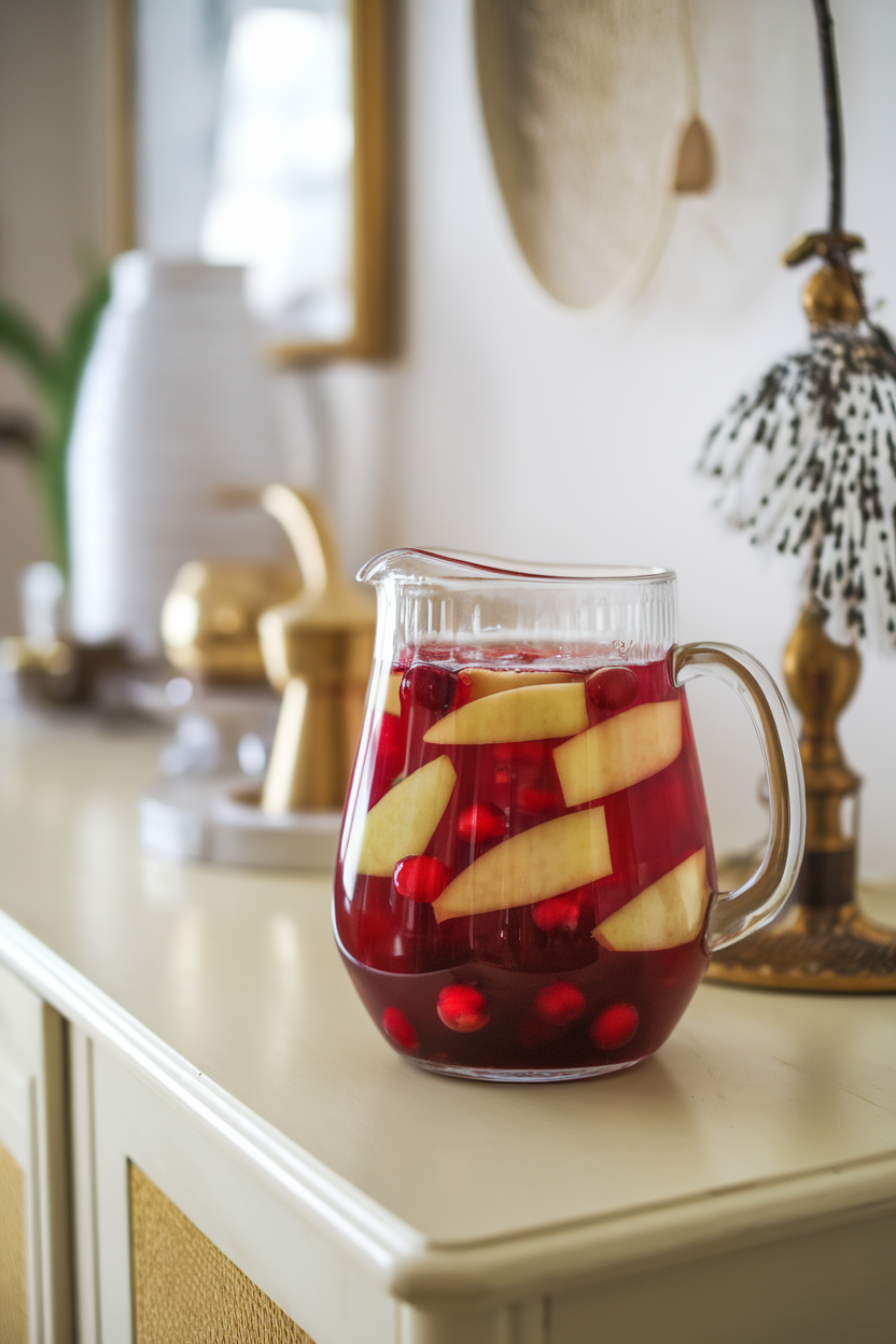 Indoor dining sideboard holding a glass pitcher of cran-apple sangria, visible apple chunks and floating cranberries. Photo, no text or logos.