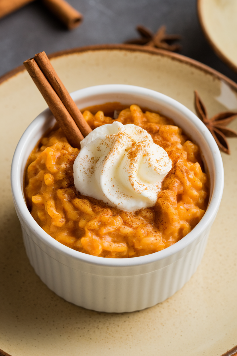 An indoor dessert ramekin filled with creamy pumpkin rice pudding, topped with a cinnamon stick and whipped cream. Photo, no text or logos.