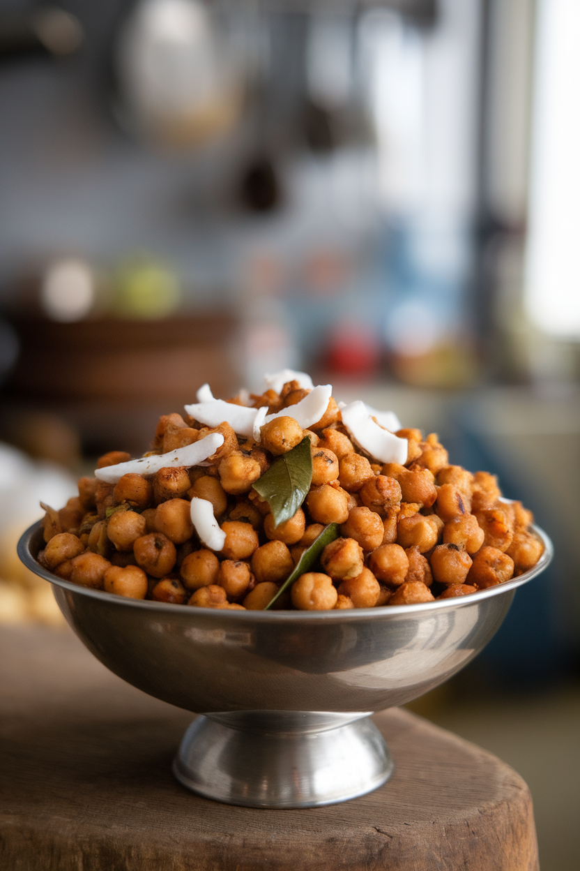 Photo prompt: An indoor serving bowl of tempered chickpeas with coconut shavings and curry leaves. No text or logos present.