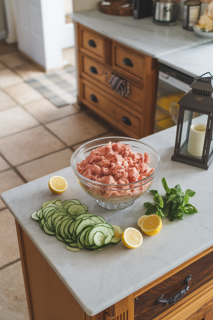 Indoor kitchen island with a glass bowl of chopped chicken, thin cucumber ribbons, fresh mint leaves, and lemon slices nearby — no logos