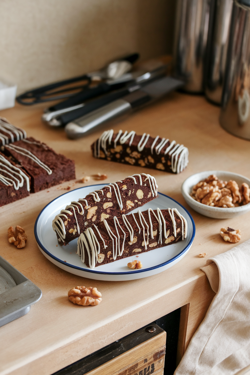 Indoor kitchen counter with chocolate brownie-like biscotti slices studded with walnuts, ends drizzled with white chocolate. Photo, no text or logos.