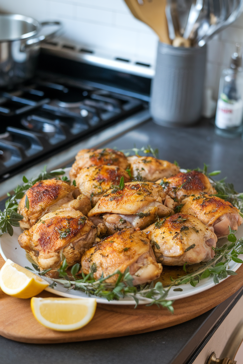 Indoor kitchen island with a platter of cooked, golden-brown chicken thighs sprinkled with fresh herbs, lemon wedges on the side. No text or logos.
