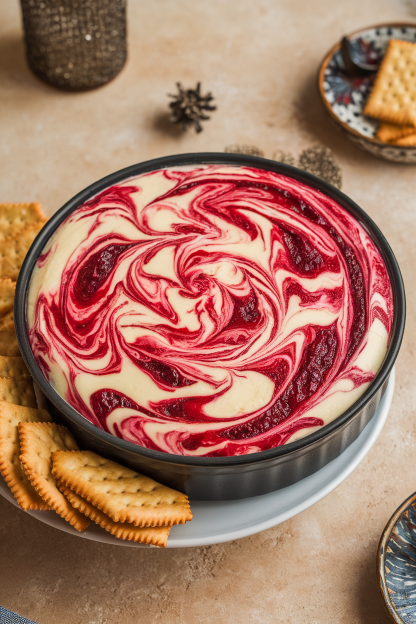 Indoor serving dish of swirled cranberry cheesecake dip, red streaks vibrant against creamy base, crackers on the side; no logos. Photo, not illustration.