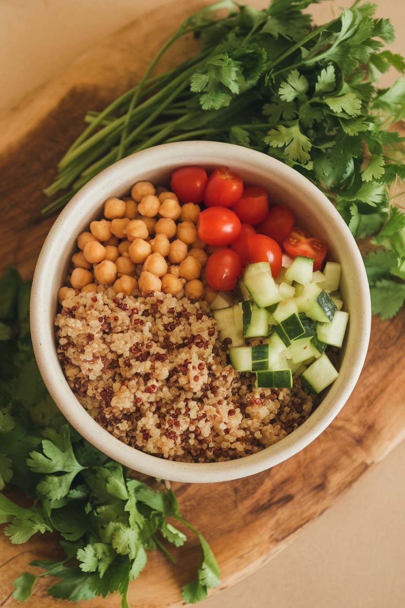 An overhead photo of a white ceramic bowl filled with cooked quinoa, chickpeas, diced cucumber, and cherry tomatoes, all indoors under warm light. No text or logos. Photo.