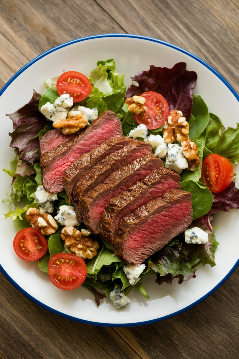 An indoor dinner plate featuring mixed greens topped with sliced medium-rare steak, crumbled blue cheese, walnuts, and cherry tomatoes. No text or logos. Photo only.