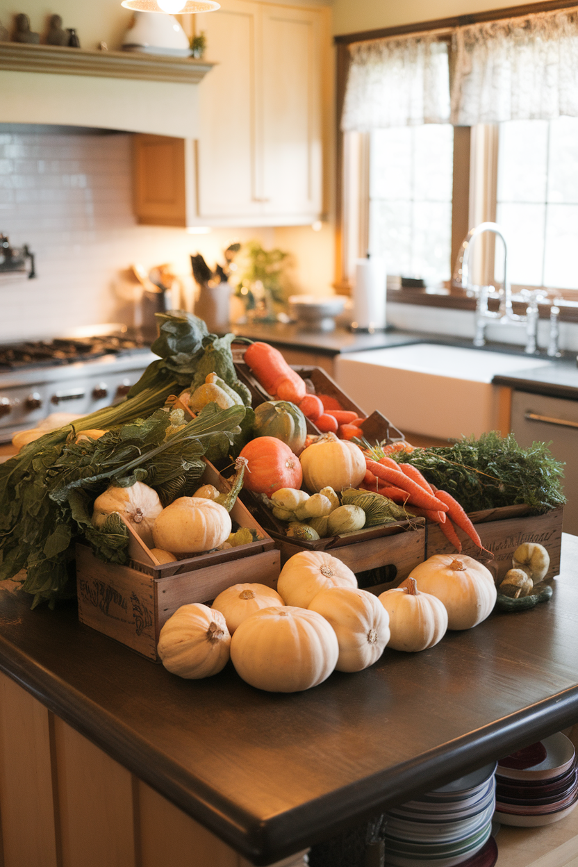 Indoor farmers-market style display of seasonal vegetables—such as squash, leafy greens, and carrots—arranged in wooden crates on a kitchen island; no text or logos.