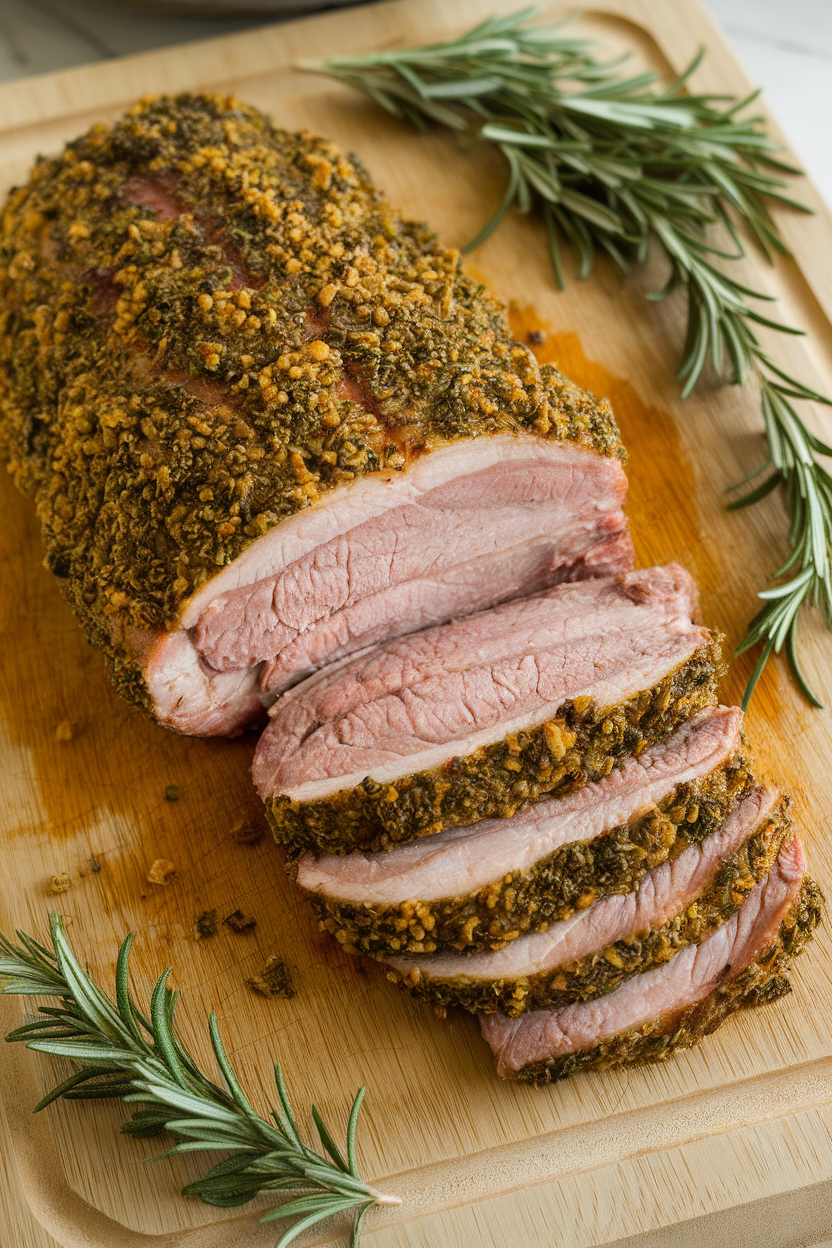 An indoor carving board with a frenched rack of pork coated in green herb crust, sliced to show juicy interior, rosemary scattered around. No text or logos. Photo.