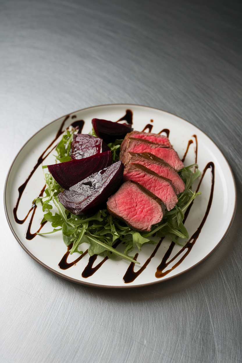 An indoor plate displaying arugula topped with roasted beet wedges and rare steak slices, drizzled with balsamic. No text or logos; photo.