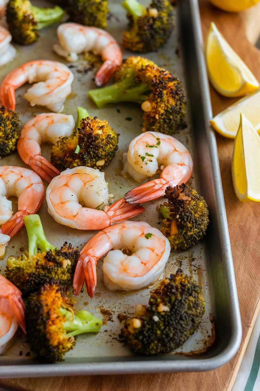 An indoor sheet pan loaded with cooked shrimp and roasted broccoli florets coated in garlic butter, lemon wedges on the side. No text or logos. Photo only.
