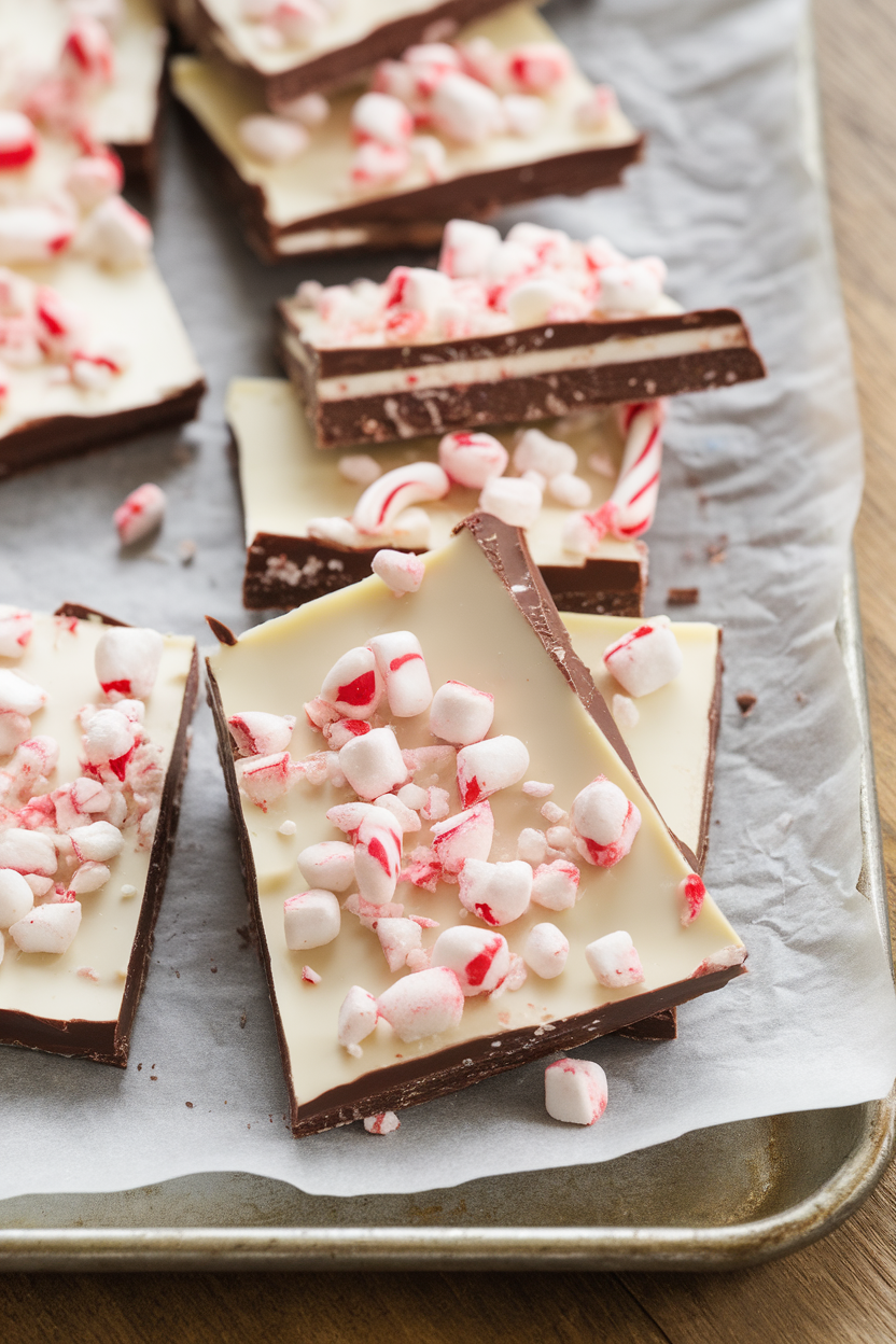 Slabs of layered dark and white chocolate bark topped with crushed candy canes on a parchment-lined tray indoors. No text or logos.