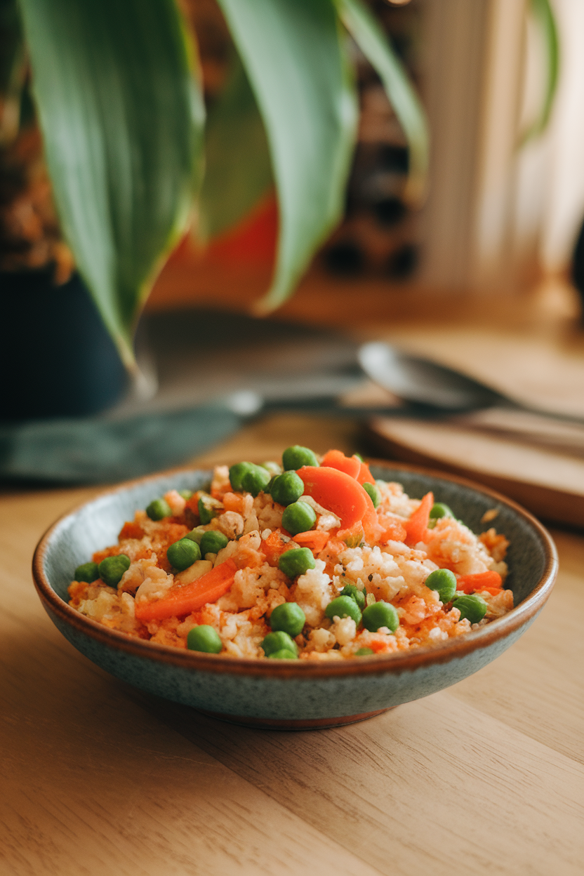 Photo of a bowl of veggie-packed cauliflower rice stir-fry with peas, carrots, and scrambled eggs on an indoor table, no text or logos