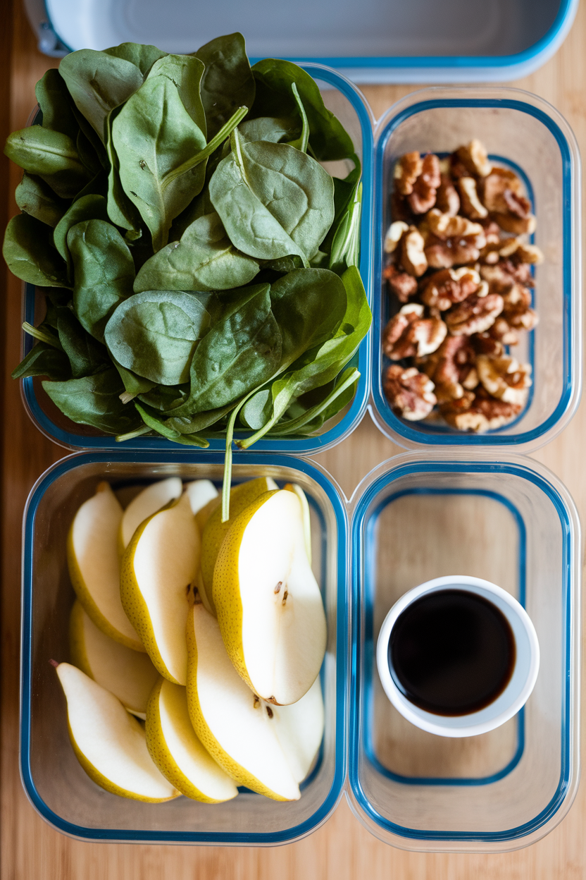 An indoor prep station with divided containers holding baby spinach, sliced pears, toasted walnuts, and a small cup of balsamic vinaigrette. No logos or text. Photo only.