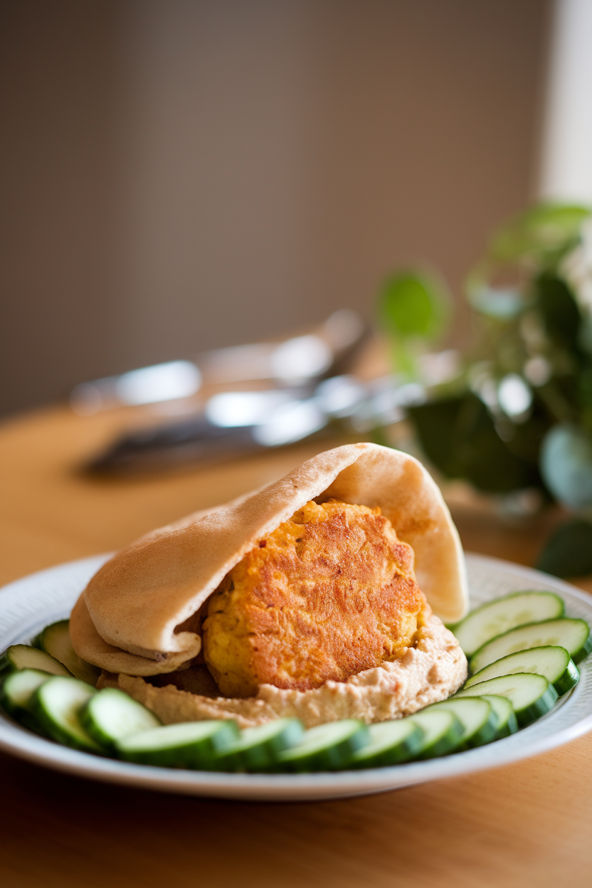 Photo of an indoor dining table showing a golden chickpea patty tucked into a pita pocket, surrounded by sliced cucumber and a dollop of hummus; soft warm light; no text or logos; photo, not illustration