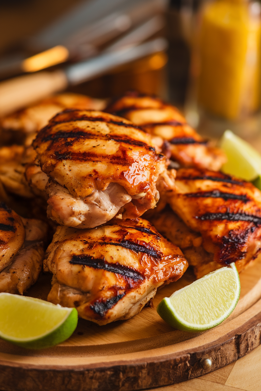 An indoor platter featuring juicy grilled chicken thighs brushed with lime-coconut glaze, lime wedges alongside. No text or logos. Photo only.