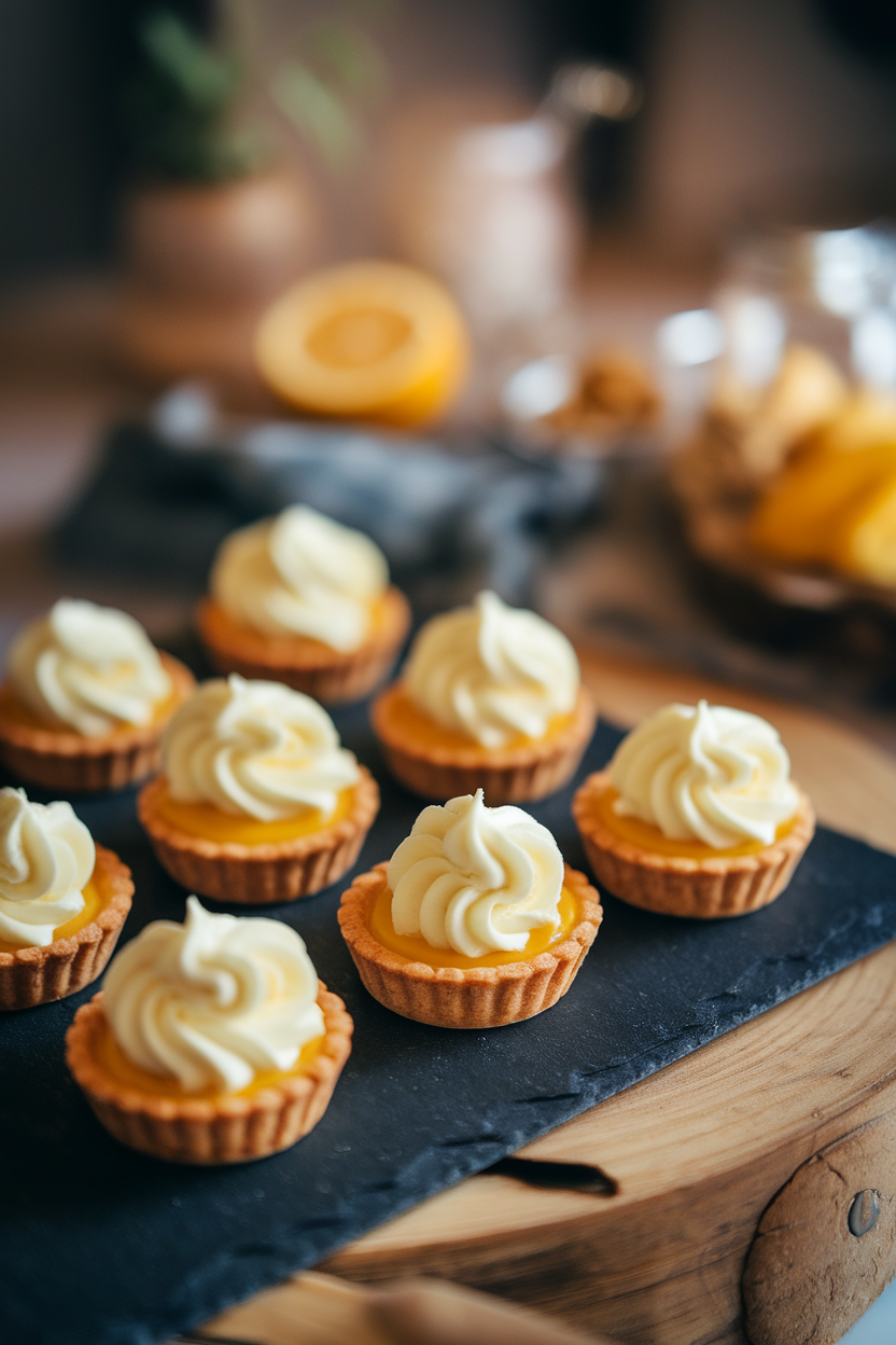Indoor photo of mini tartlets with glossy lemon curd and mascarpone swirl, arranged on a slate board, no text or logos