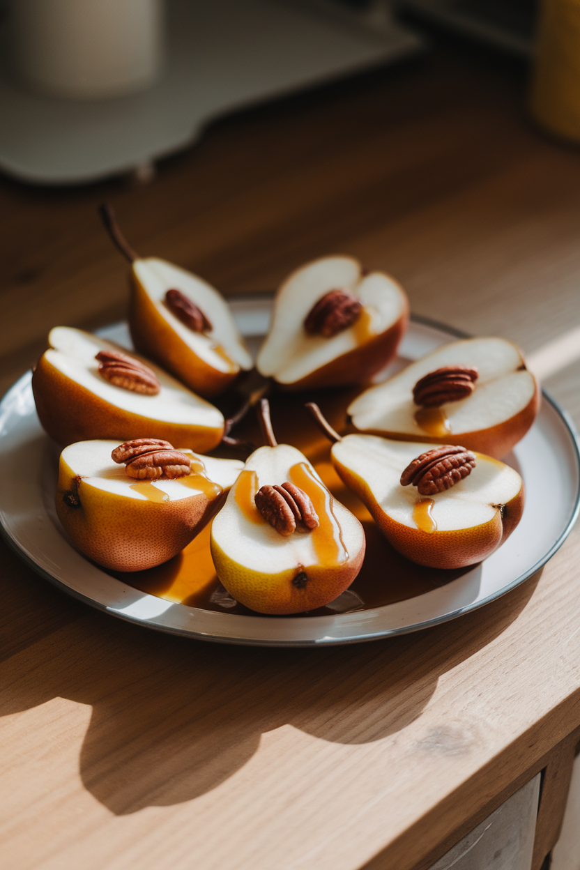 Photo of halved pears drizzled with maple syrup and sprinkled with pecans on a tray indoors. No text or logos.