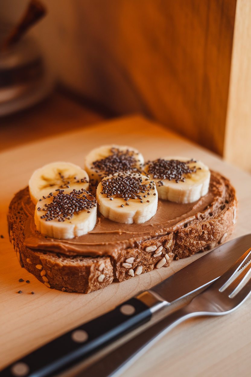 A slice of whole-grain toast indoors spread with almond butter, topped with banana coins and chia seeds, no text or logos.