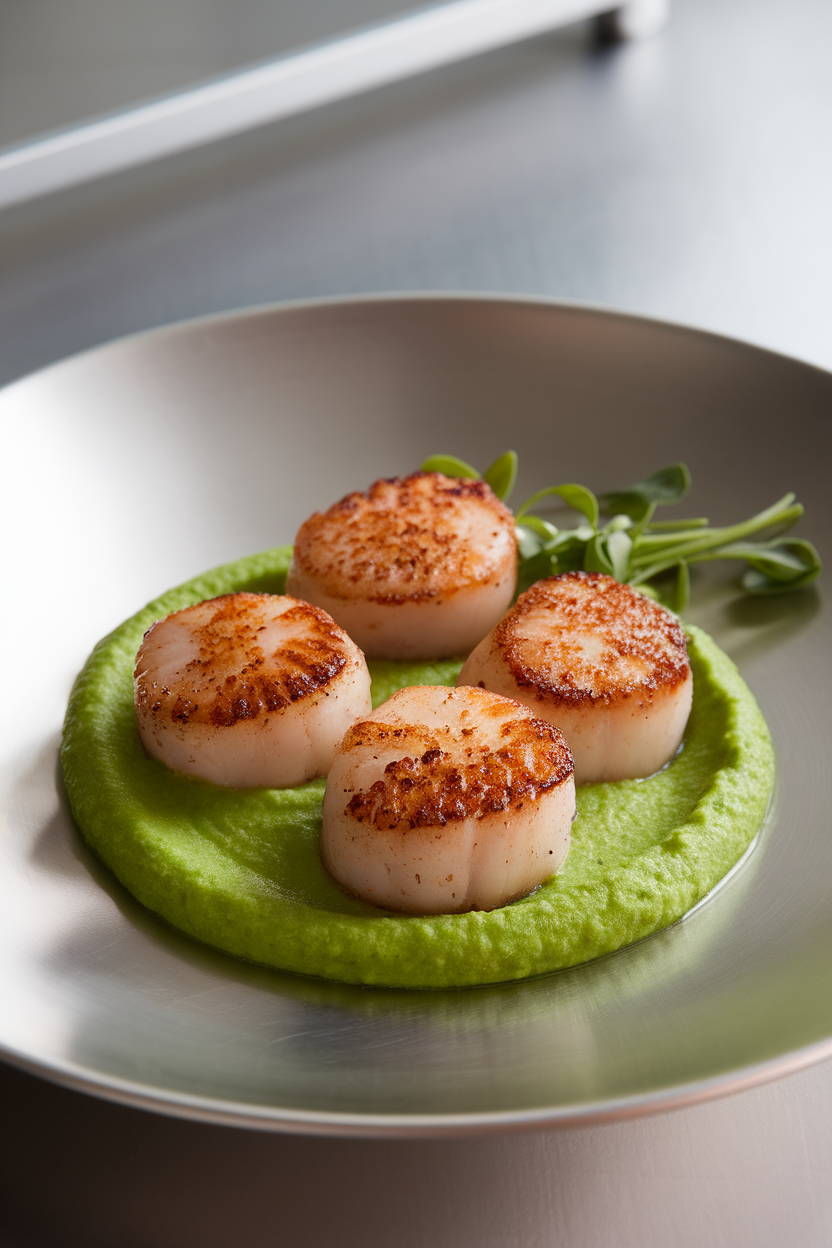 Softly lit indoor close-up of three golden-brown scallops sitting atop vivid green pea purée on a sleek white plate. No writing or branding visible.