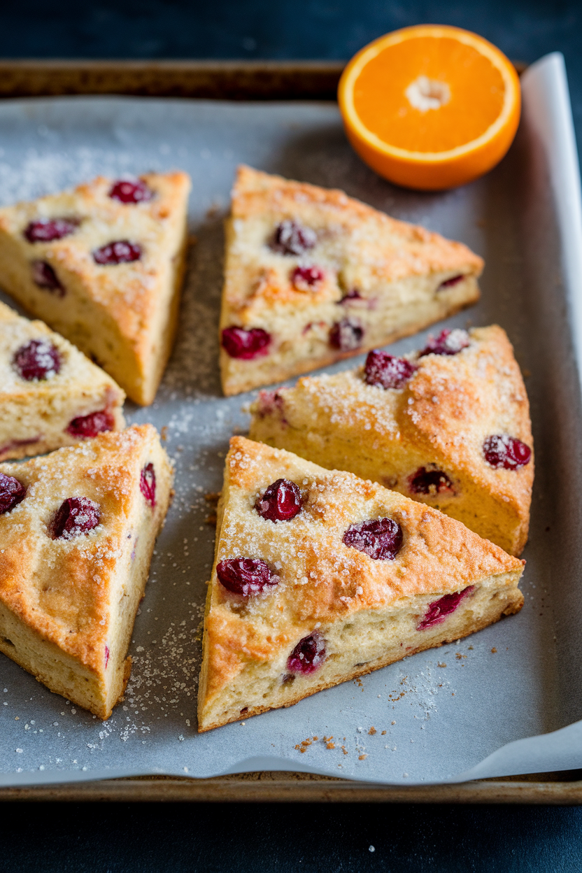 Photo of a parchment-lined indoor baking sheet holding triangular cranberry orange scones with coarse sugar on top, a zested orange in the background. No text or logos visible.