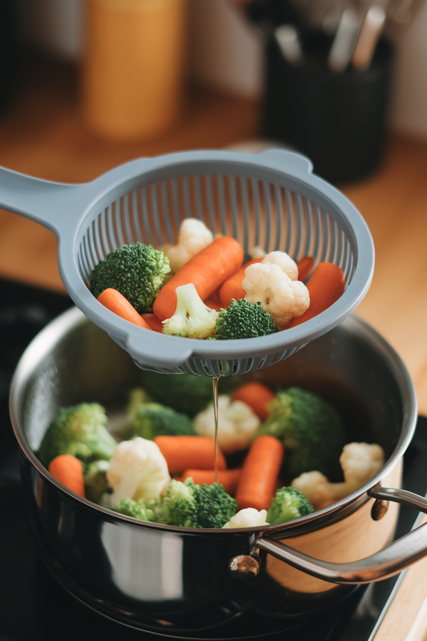 Indoor photo of a silicone clip-on strainer attached to a saucepan draining steamed veggies, no brand marks.
