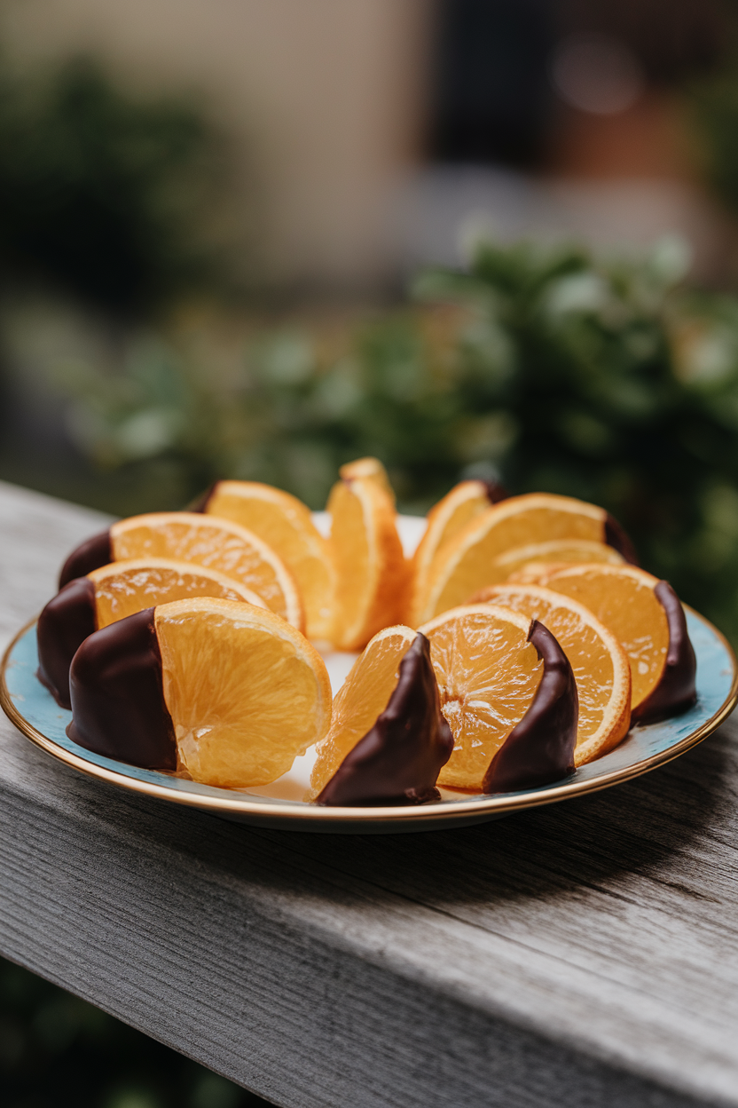 Indoor plate of translucent candied orange slices half-dipped in dark chocolate, arranged in a fan; no logos. Photo, not illustration.
