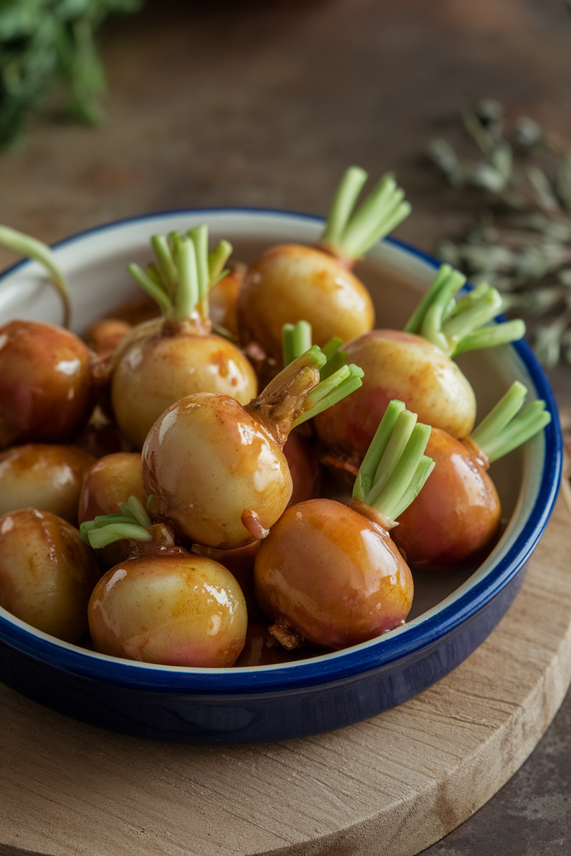 Indoor ceramic dish of halved baby turnips coated in glossy ginger soy glaze, green tops trimmed short. No text or logos.