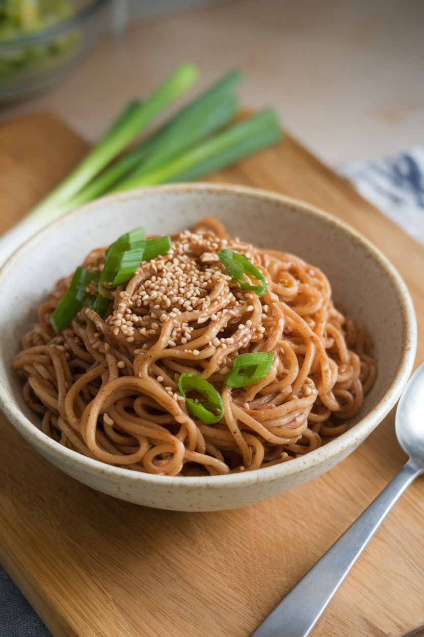 Bowl indoors of brown rice noodles tossed with ginger-scallion sauce, sesame seeds on top, no text or logos