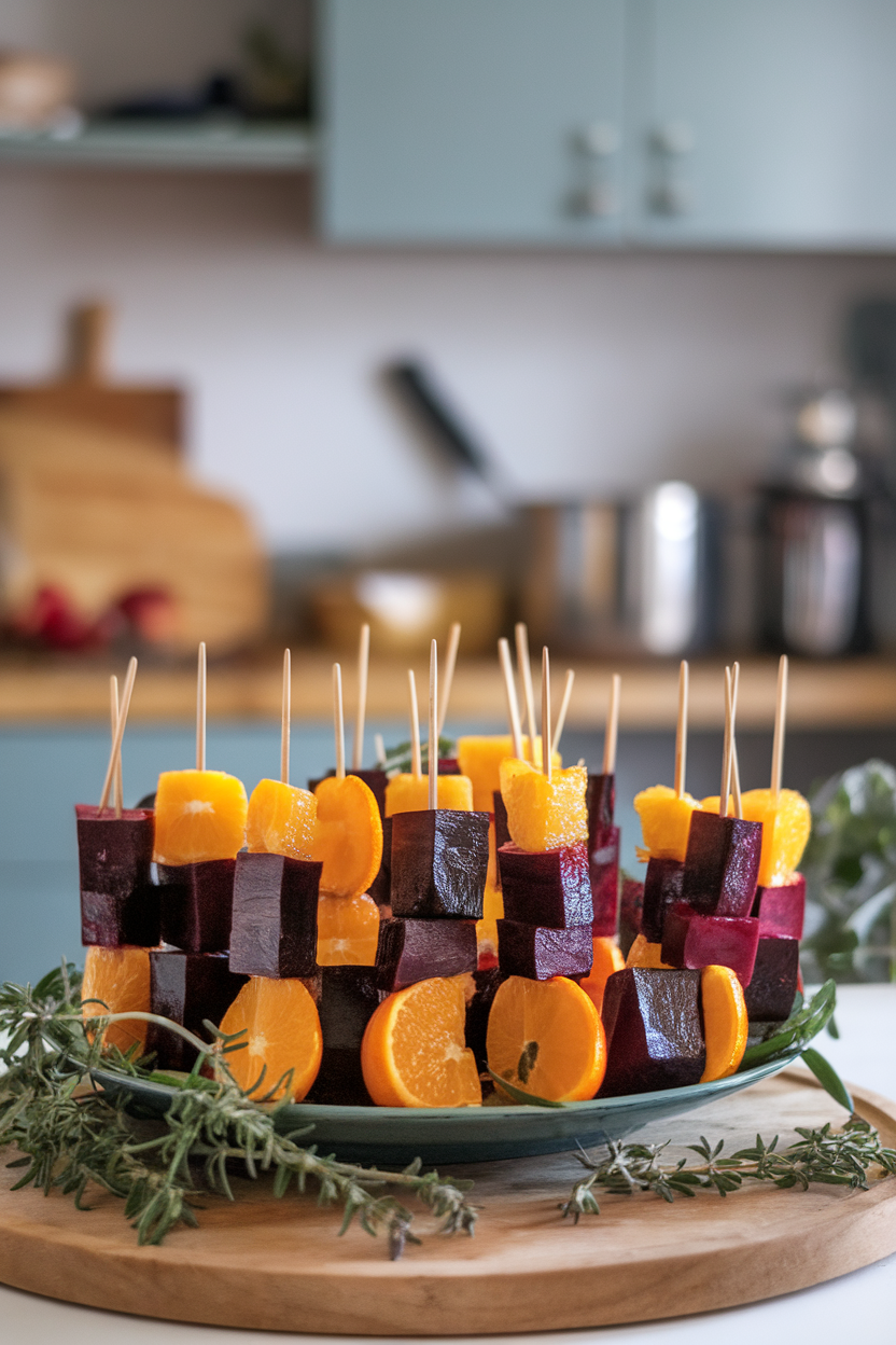 Indoor platter holding colorful skewers alternating roasted beet cubes and juicy orange segments—photo, no text or logos.