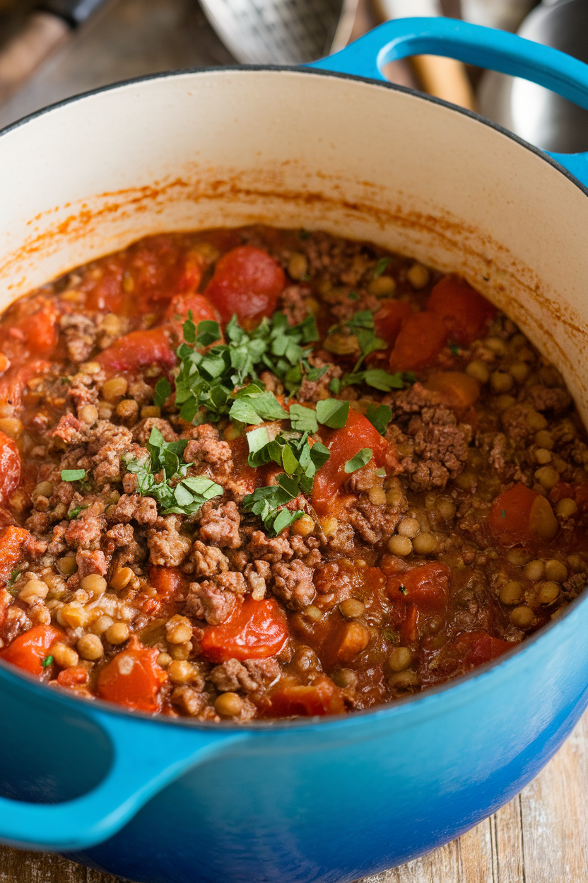 Indoor Dutch oven containing chunky tomato-lentil stew with ground beef, herbs visible on the surface—no text or logos.